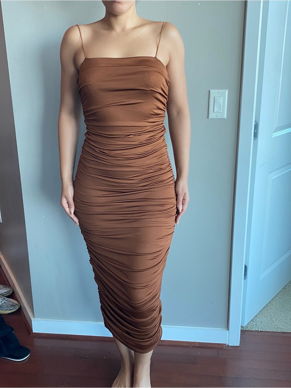 Ruched Spaghetti-Strap Midi Dress in Brown